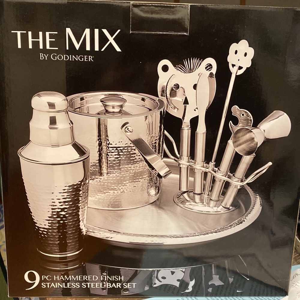 🎉HP🎉NIB 9PC Godinger Stainless Steel Ice Bucket Bar Tool Cocktail Shaker Tray